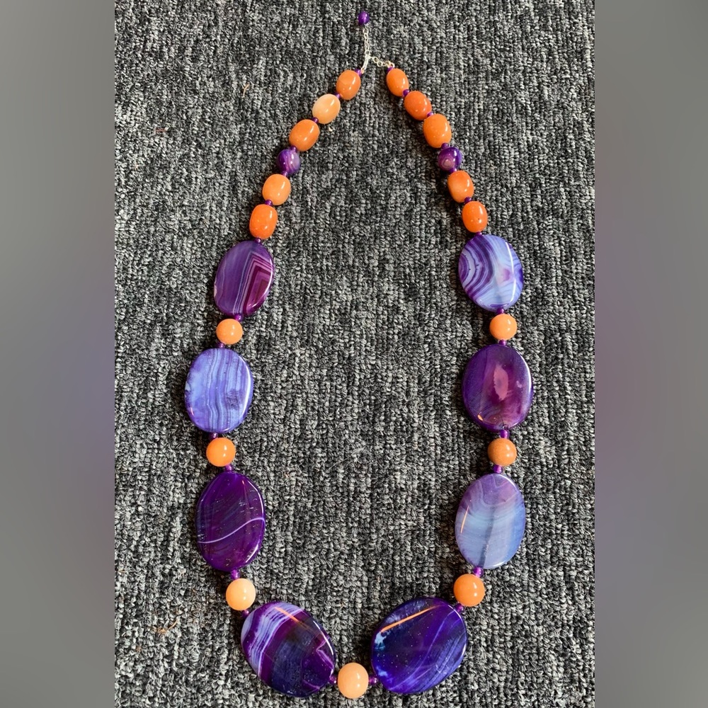 Vintage Agate Stone 26” Necklace Purple & Apricot/Orange